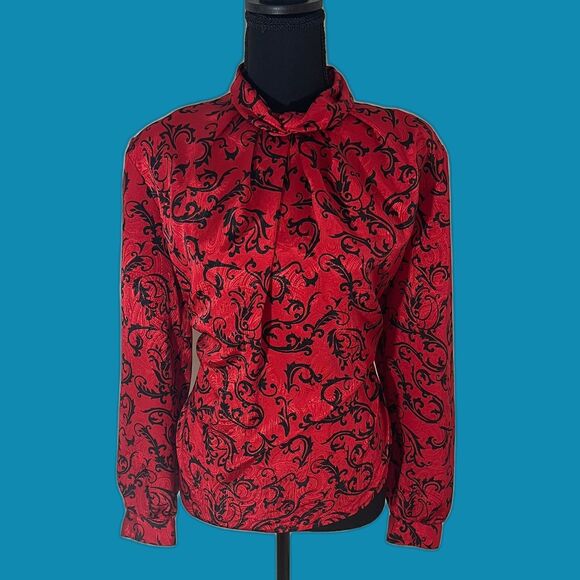 Vintage 80s Pyke Limited Red & Black Damask Flourish Print Blouse Sz.14 - Picture 1 of 9